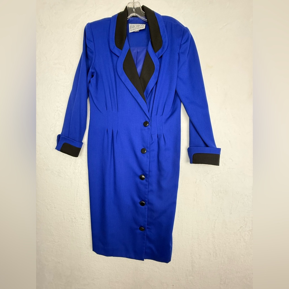 Vintage Bichon by Sara Edwards Royal Blue Button Front Dress Size 14 Made in USA